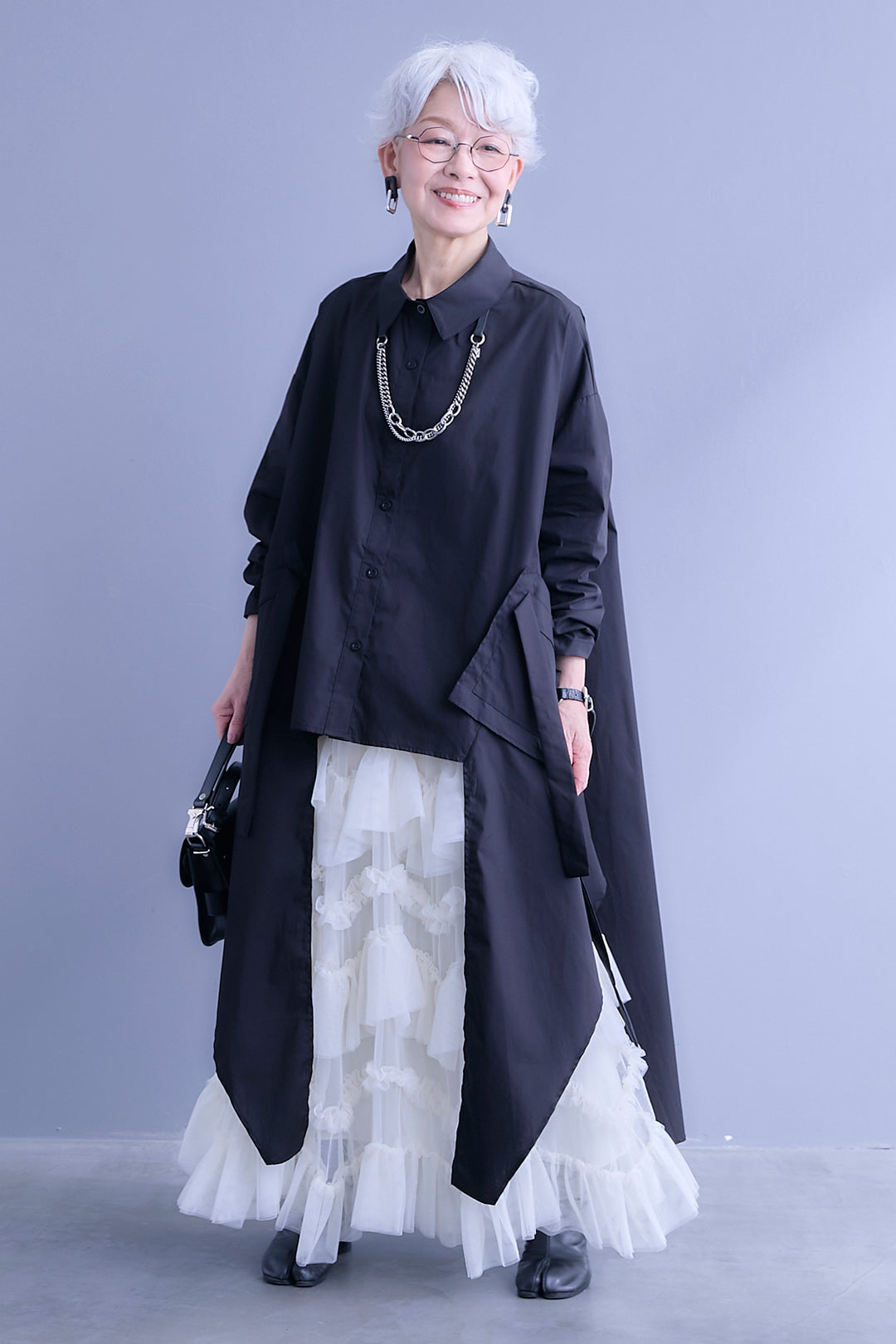 【SET】ロングテールアシメカットデザインシャツ+ペタルティアードチュールスカート(2set)