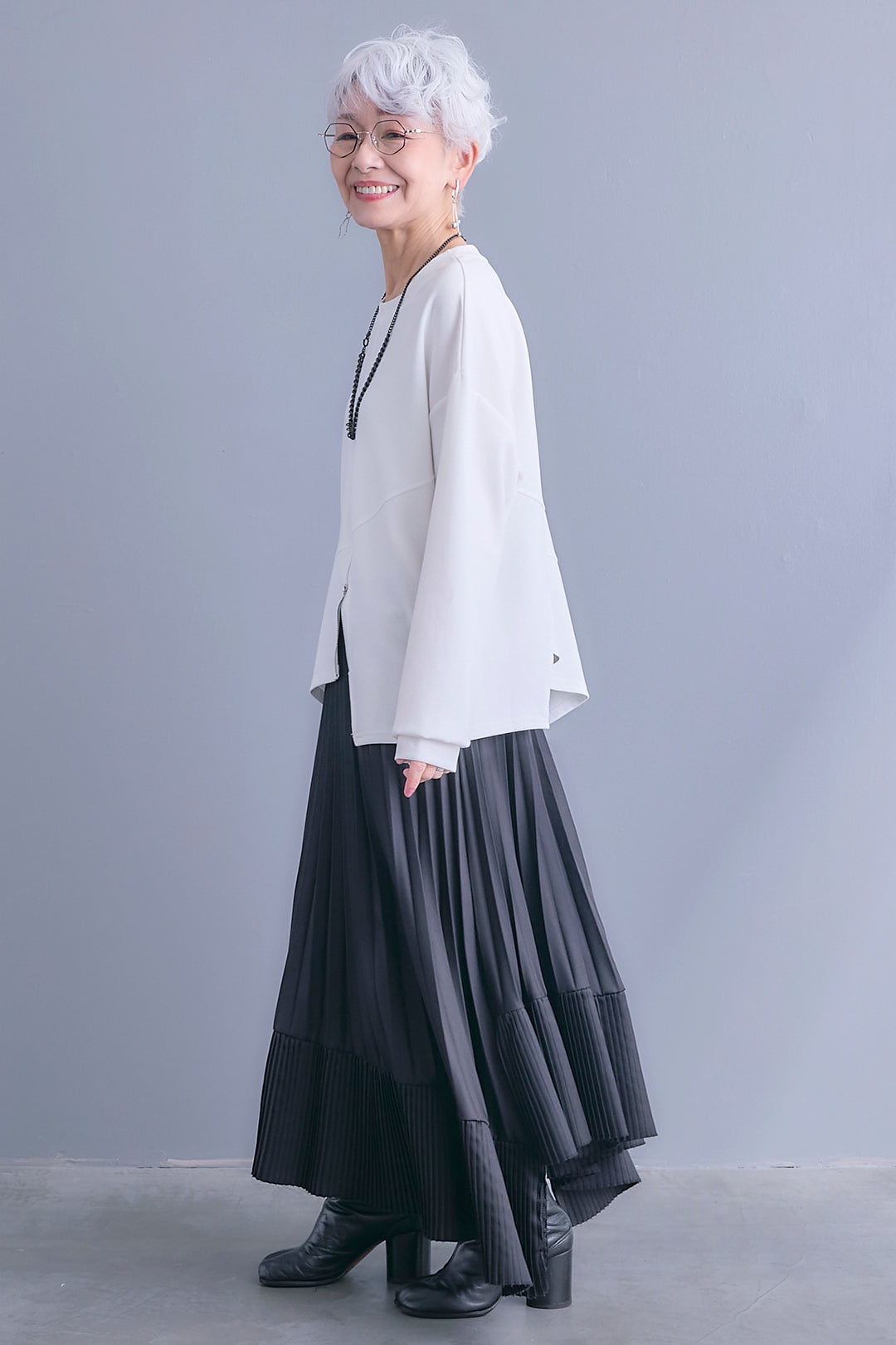 【SET】アシメリングZIPデザインプルオーバー+アシンメトリープリーツスカート(2set)