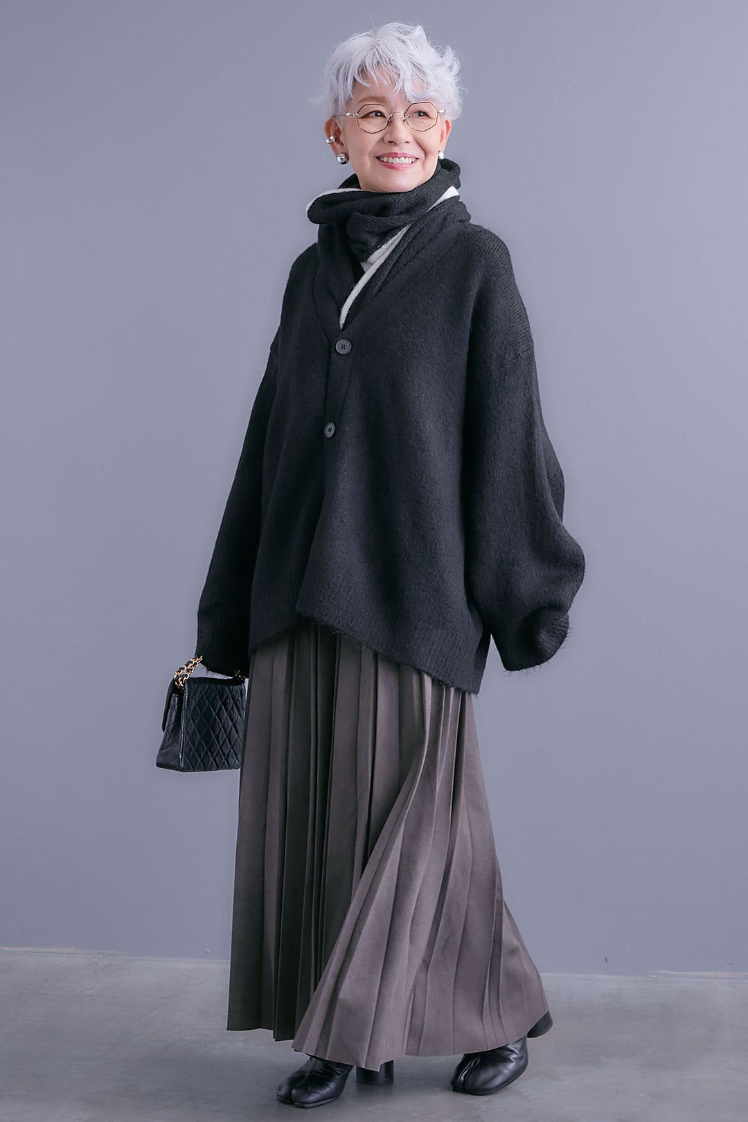 【SET】Vネックニットカーディガン&ストールSET+スエードロングプリーツスカート(2set)