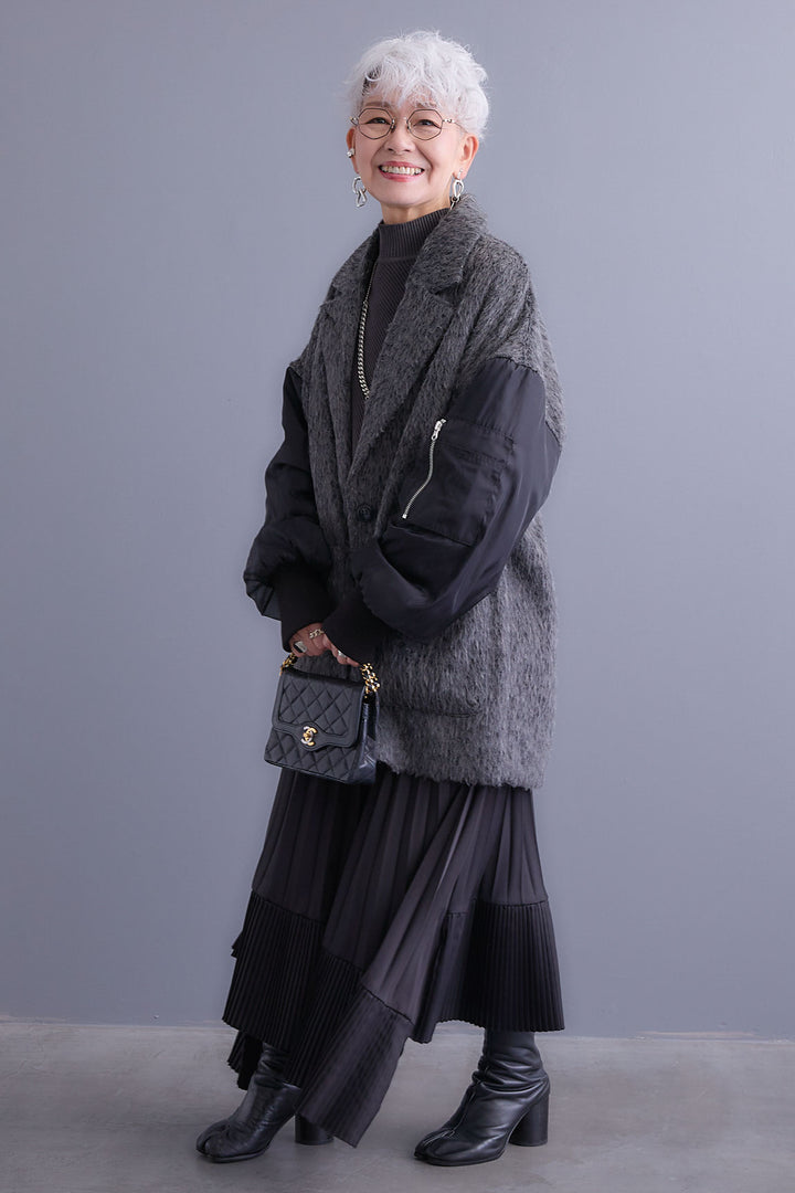 【新色追加】【SET】アシンメトリーオーバーニット+チュールレイヤードMA-1シャギーオーバーコート+アシンメトリープリーツスカート(3set)