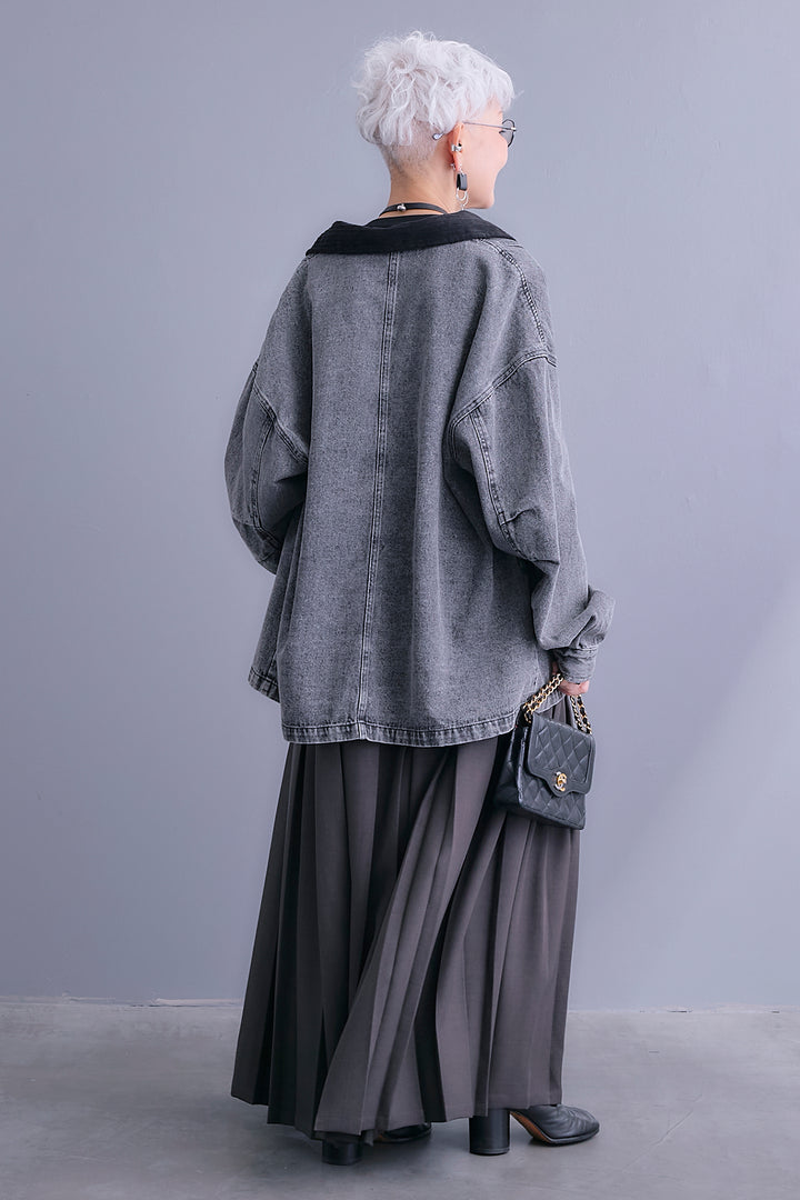 【SET】コーデュロイカラー10ozデニムジャケット+アシンメトリーロンT+ボックスプリーツロングスカート(3set)