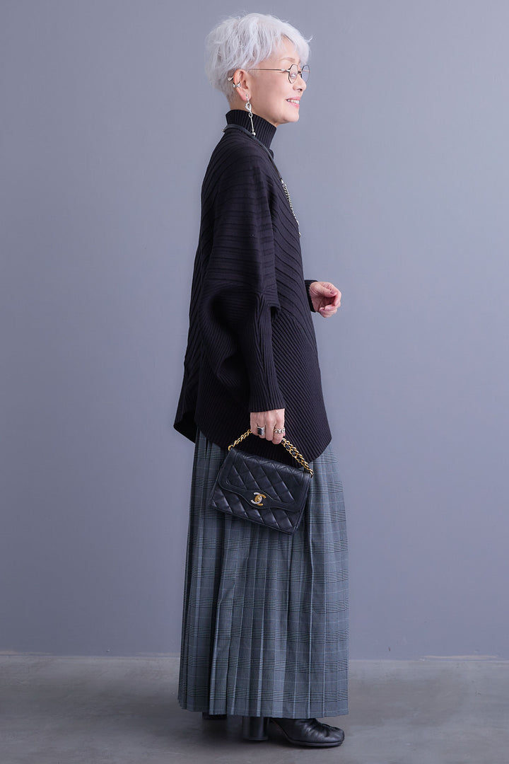 【SET】ワイドリブドルマンニット+グレンチェックプリーツスカート(2set)