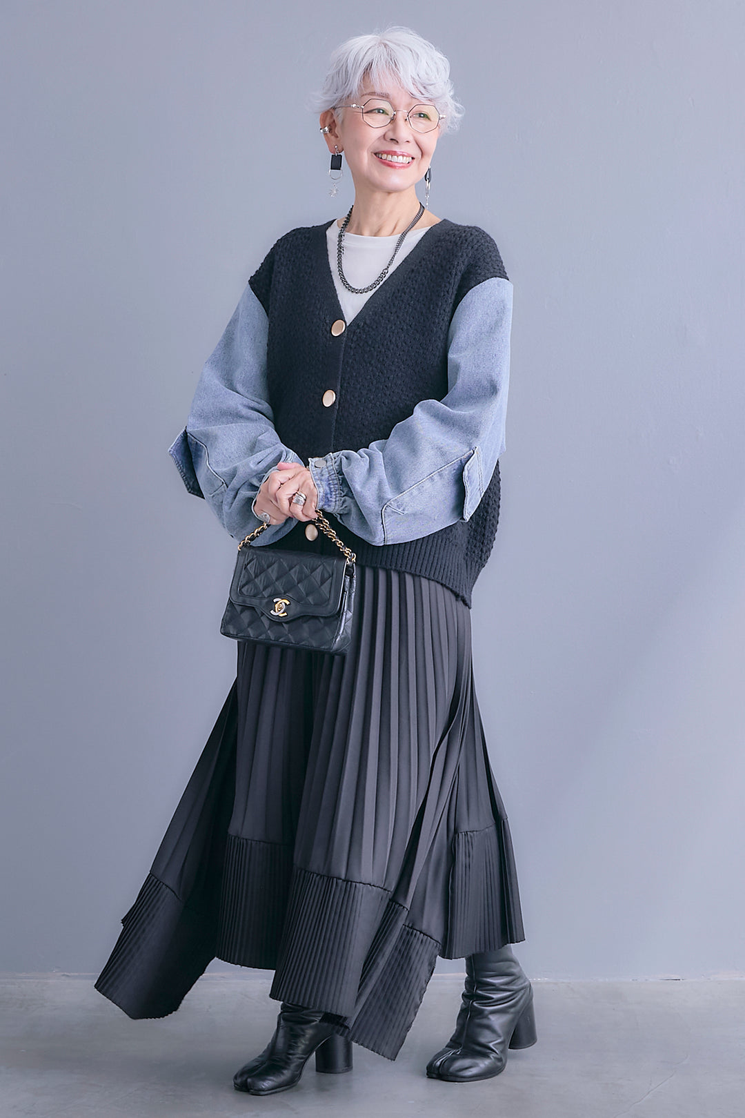 【予約】デニムスリーブニットオーバーカーデ