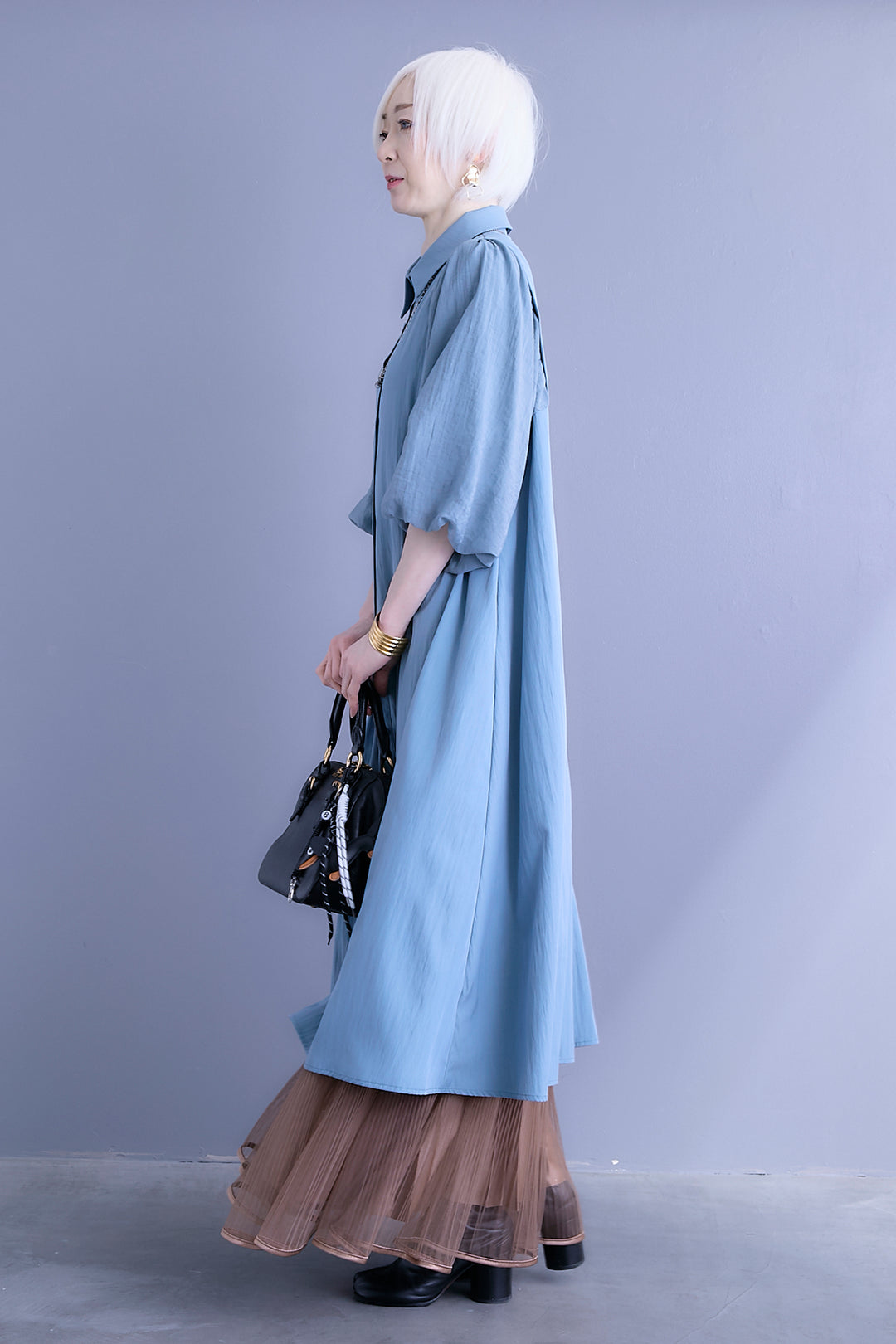 【SET】バルーンスリーブシャツワンピース+2WAYラメサテンプリーツ×シアーティアードチュールスカート(2set)