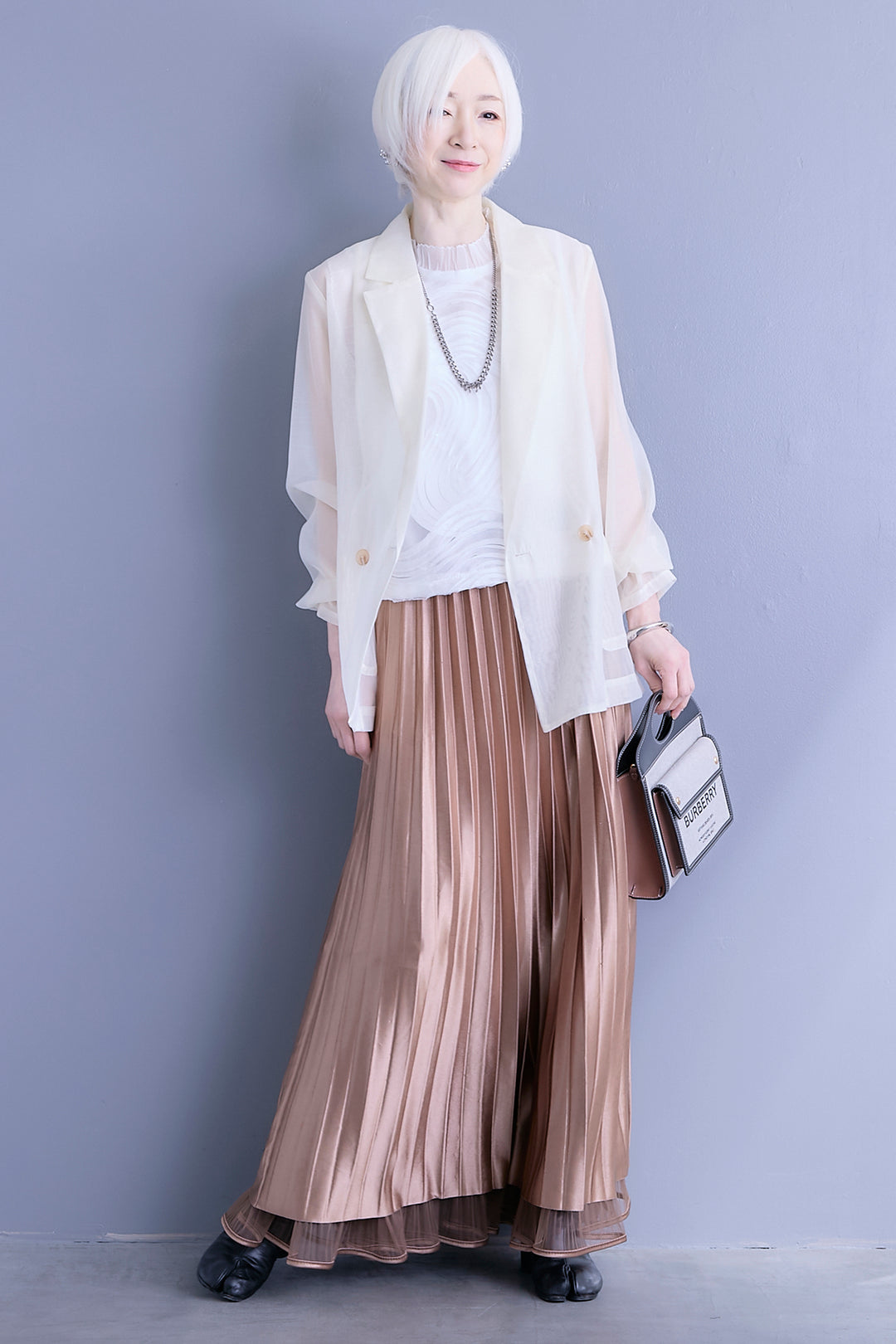 【SET】シアーポプリンダブルテーラードジャケット+ウェーブモチーフスタンドネックブラウス+2WAYラメサテンプリーツ×シアーティアードチュールスカート(3set)