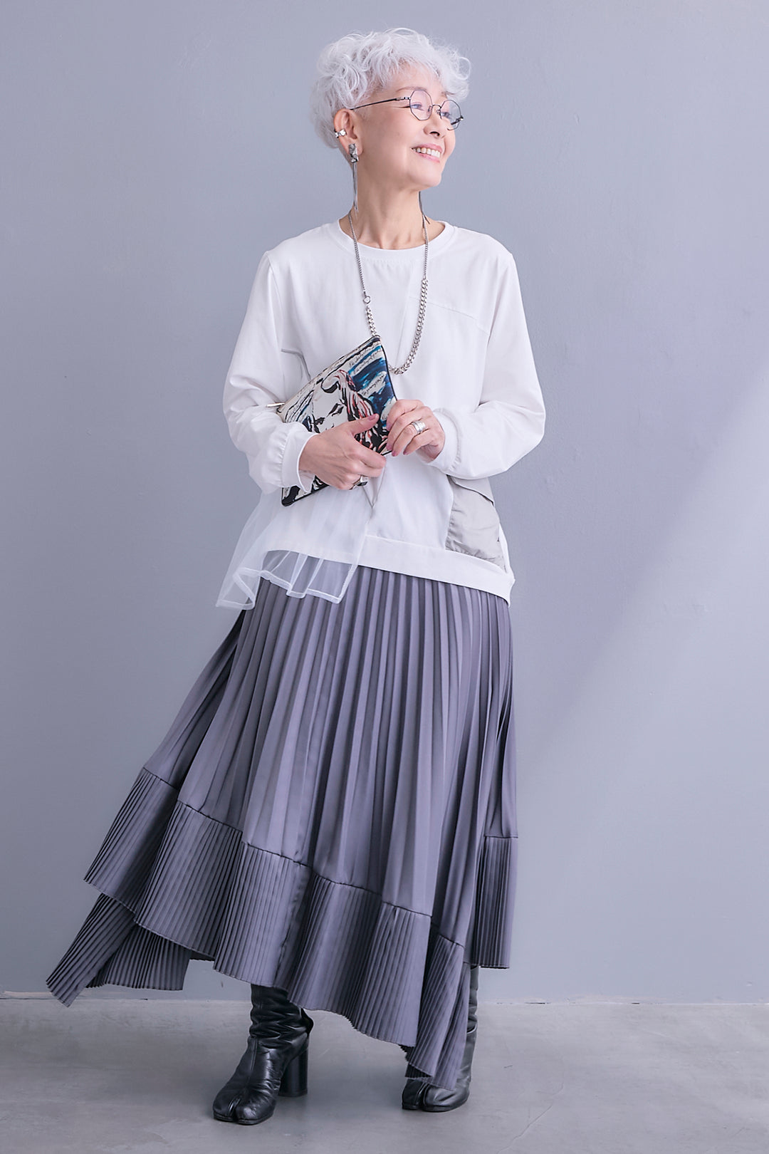 【SET】チュールギャザーアシメポケットプルオーバー+アシンメトリープリーツスカート(2set)