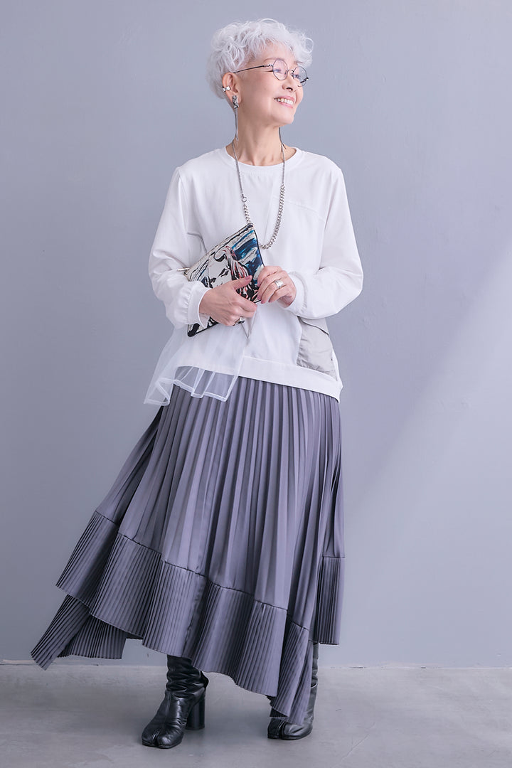 【SET】チュールギャザーアシメポケットプルオーバー+アシンメトリープリーツスカート(2set)