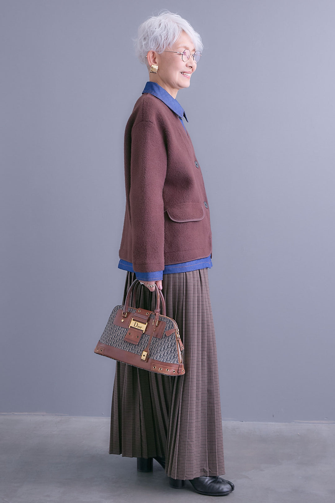 【SET】デニムレイヤードデザインカーディガン+グレンチェックプリーツスカート(2set)