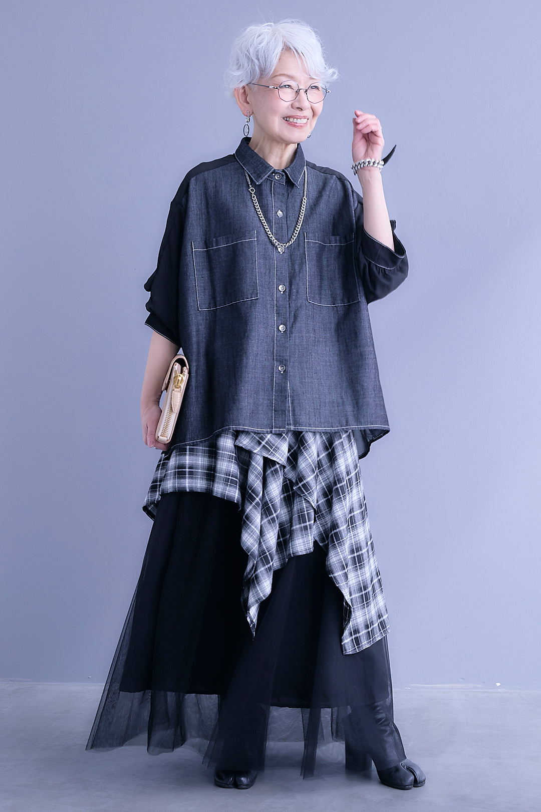 【予約】デニム×シフォンパフスリーブシャツ