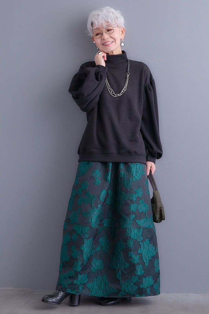 【SET】ボリュームスリーブモックネックプルオーバー+ジャガードフラワースカート(2set)