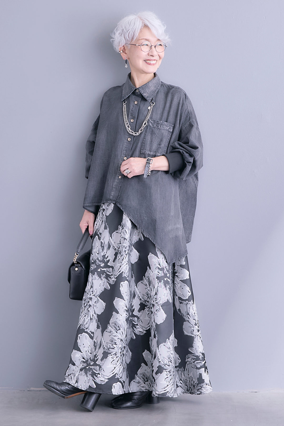 【SET】アシンメトリーダンガリーデニムシャツ+シルバーフラワージャガードフレアスカート(2set)
