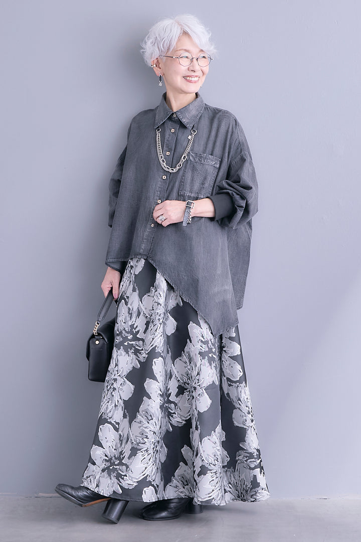 【SET】アシンメトリーダンガリーデニムシャツ+シルバーフラワージャガードフレアスカート(2set)