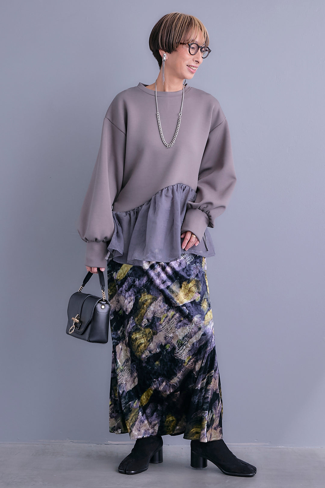 【SET】アシメペプラムオーガンジートップス+ベロアニュアンスアートスカート(2set)