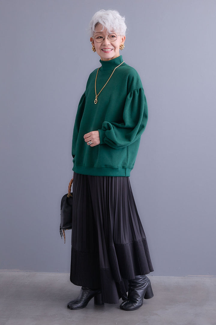 【SET】ボリュームスリーブモックネックプルオーバー+アシンメトリープリーツスカート(2set)