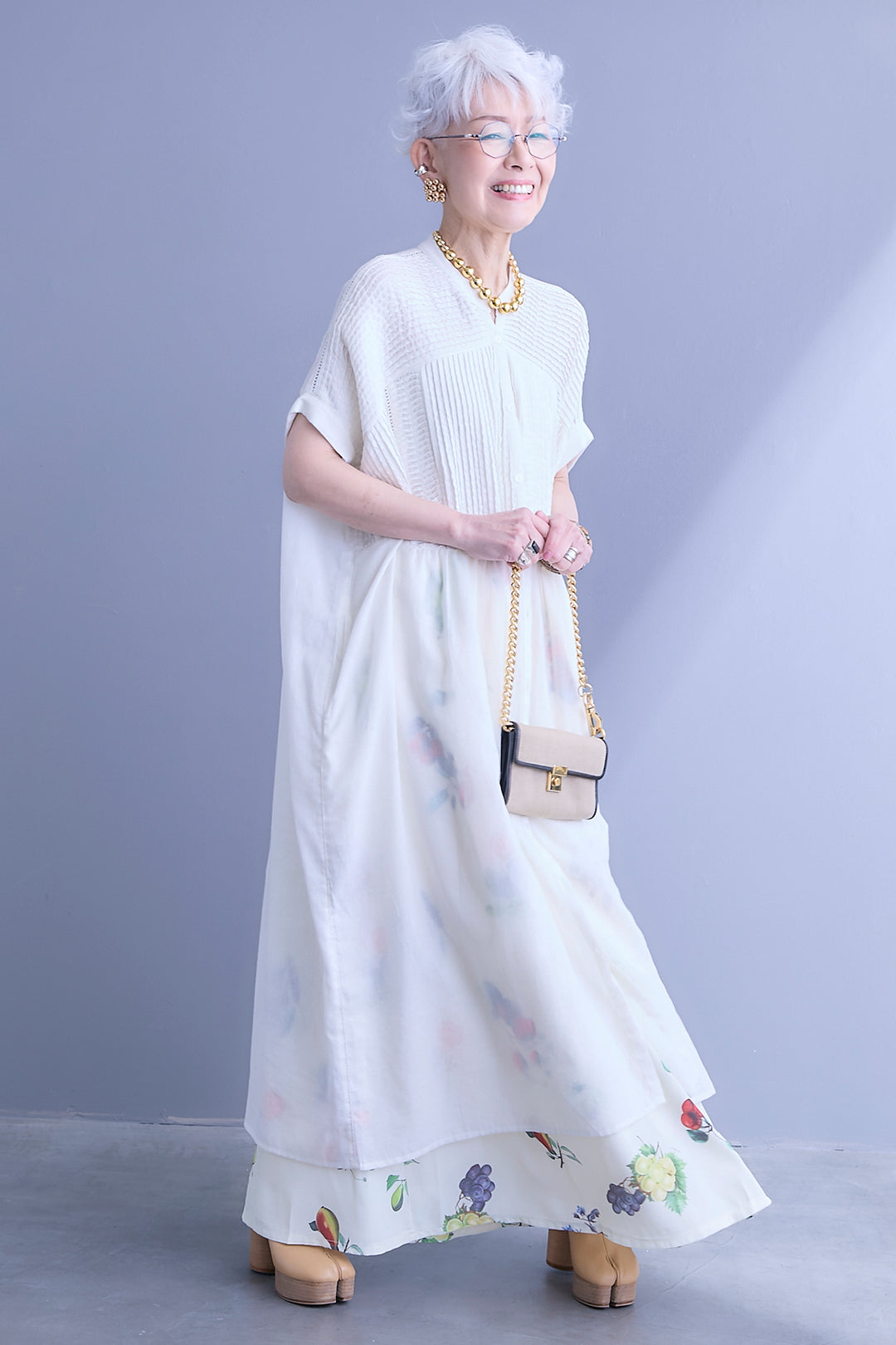 【SET】モスコットンピンタック×ハシゴレースワンピース+フルーツアートプリントフレアスカート(2set)
