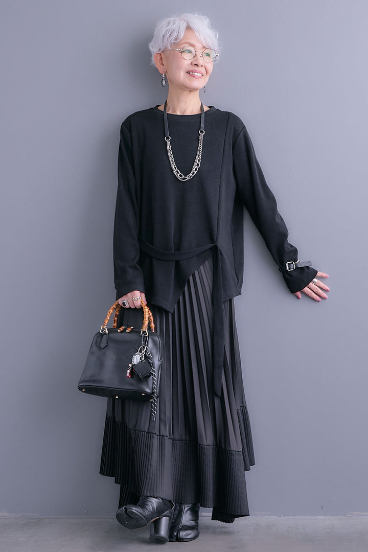 【SET】ウエストベルトアシンメトリーニットトップス+アシンメトリープリーツスカート(2set)