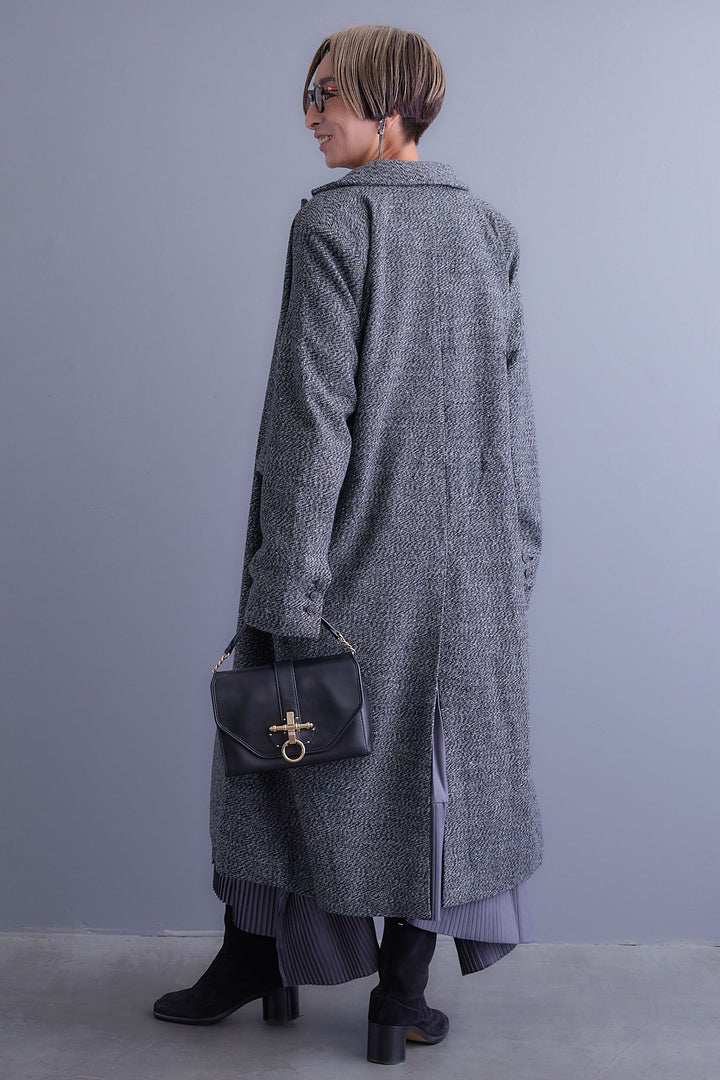 【SET】アシンメトリーオーバーニット+ツイードロングチェスターコート+アシンメトリープリーツスカート(3set)
