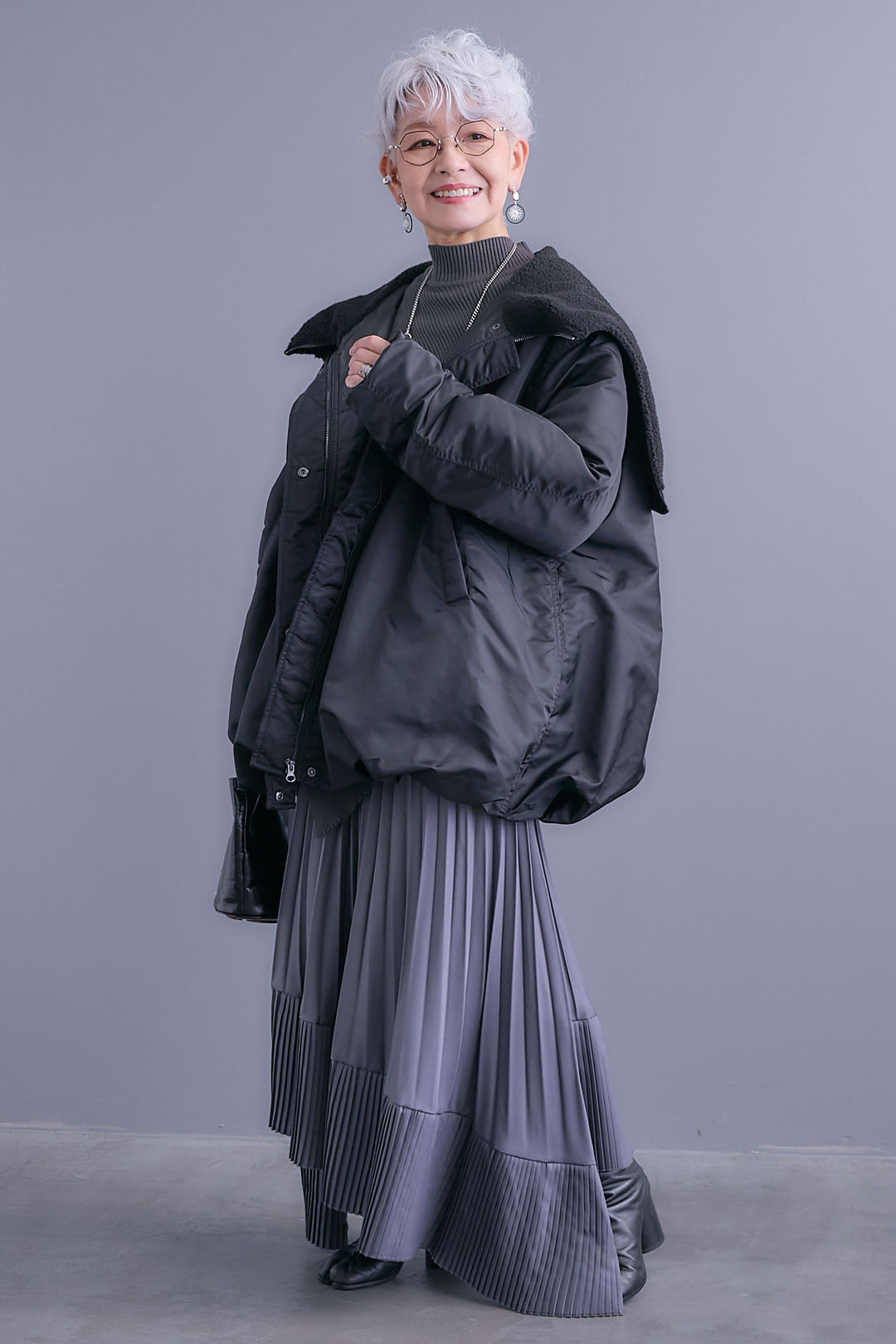 【SET】アシンメトリーオーバーニット+2WAYオーバーカラーN-3Bジャケット+アシンメトリープリーツスカート(3set)