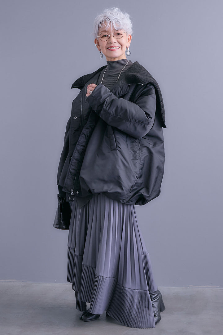 【SET】アシンメトリーオーバーニット+2WAYオーバーカラーN-3Bジャケット+アシンメトリープリーツスカート(3set)