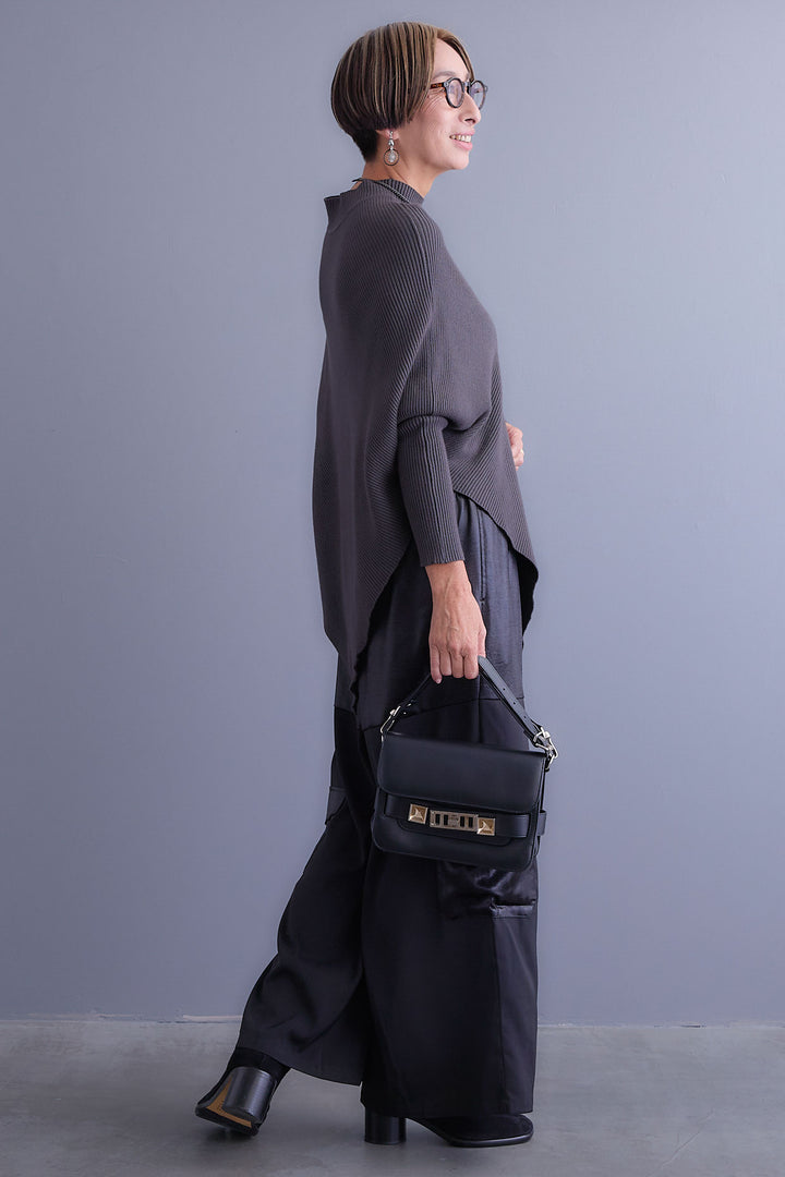 【SET】アシンメトリーオーバーニット+パテントデザインワイドパンツ(2set)