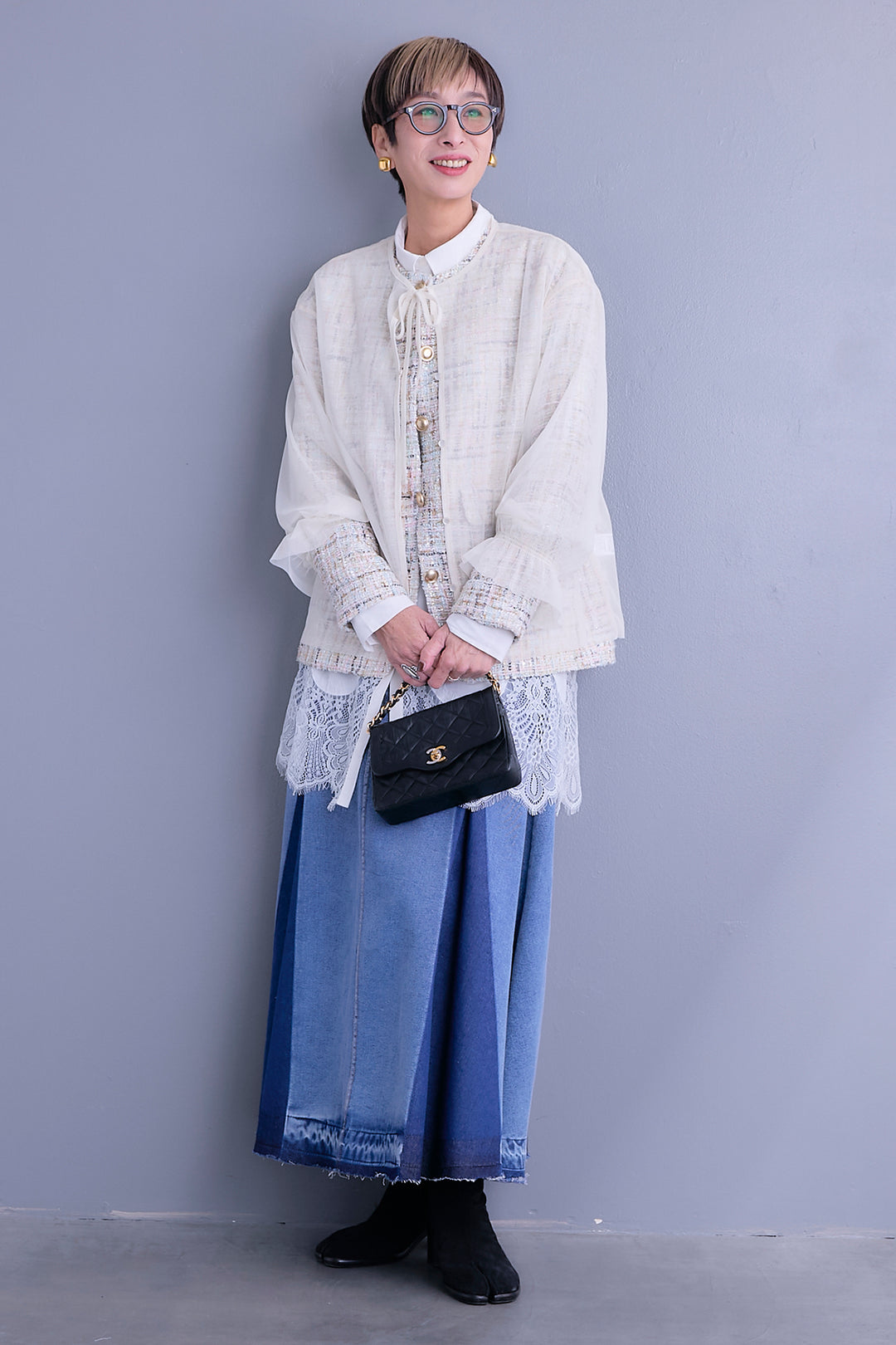 【SET】ツイード×チュールレイヤードノーカラージャケット+ヘムレースロングシャツ+プリーツタックデニムスカート(3set)