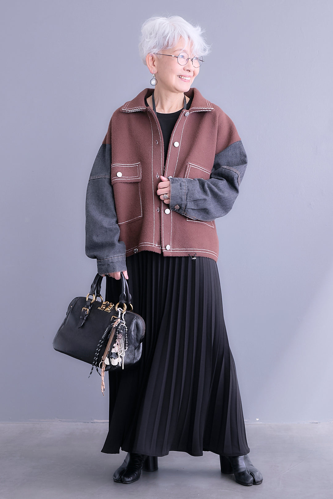 【SET】ステッチニット×デニムスリーブジャケット+プリーツストレッチロングワンピース(2set)
