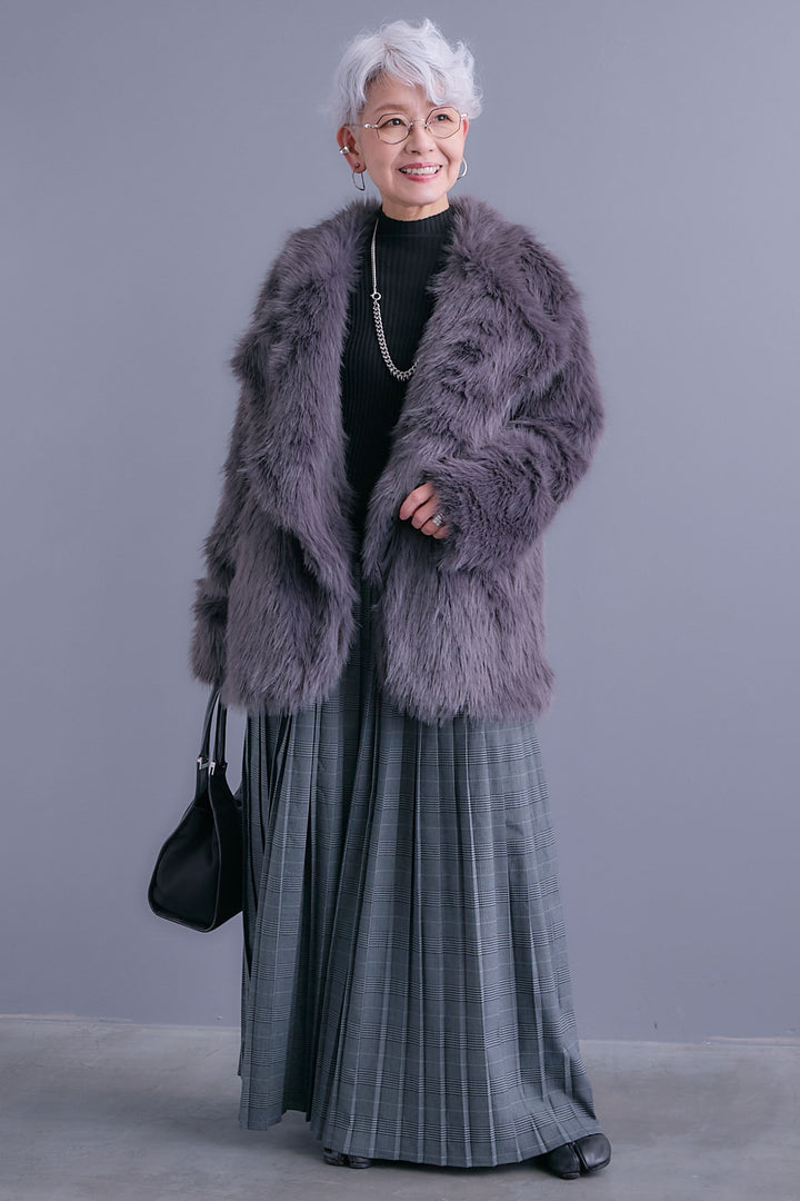 【SET】テーラードカラーファーコート+グレンチェックプリーツスカート(2set)