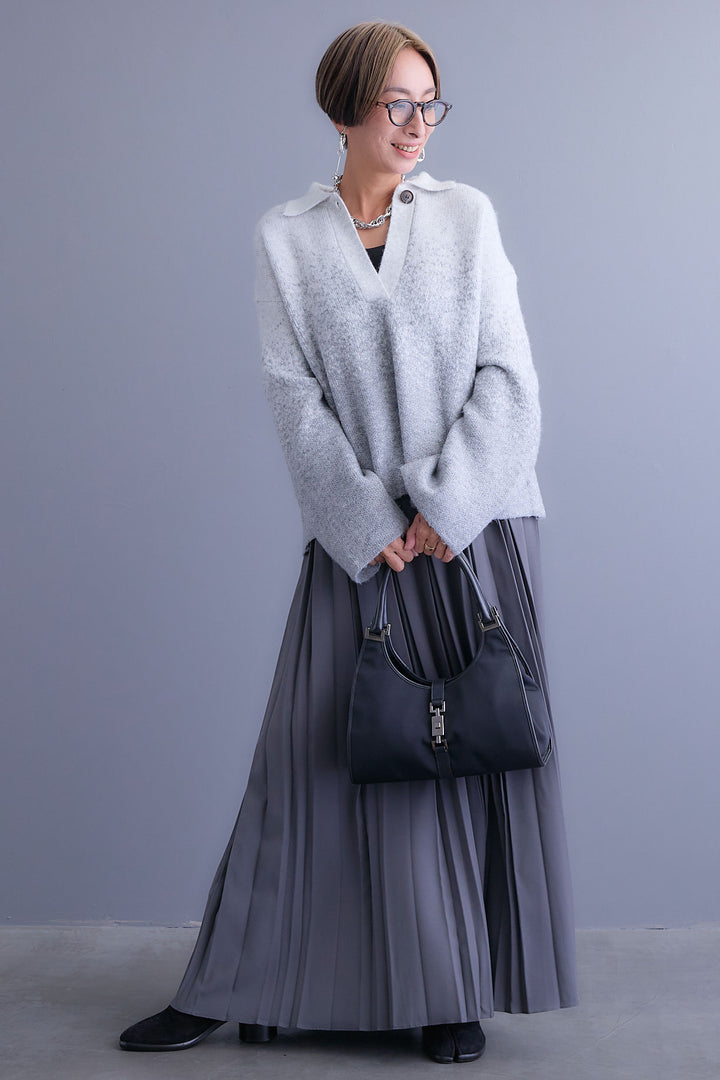 【SET】グラデーションラメキーネックニット+ダブルプリーツロングスカート(2set)