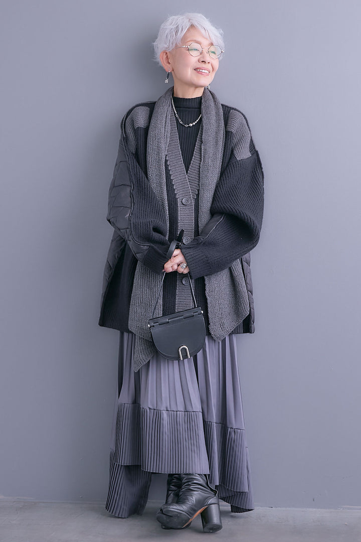 【SET】バックキルティングローゲージニットカーディガン【ストール付き】+アシンメトリープリーツスカート(2set)