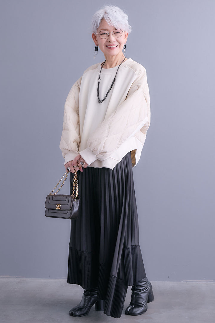 【SET】キルティングドッキングデザインプルオーバー+アシンメトリープリーツスカート(2set)