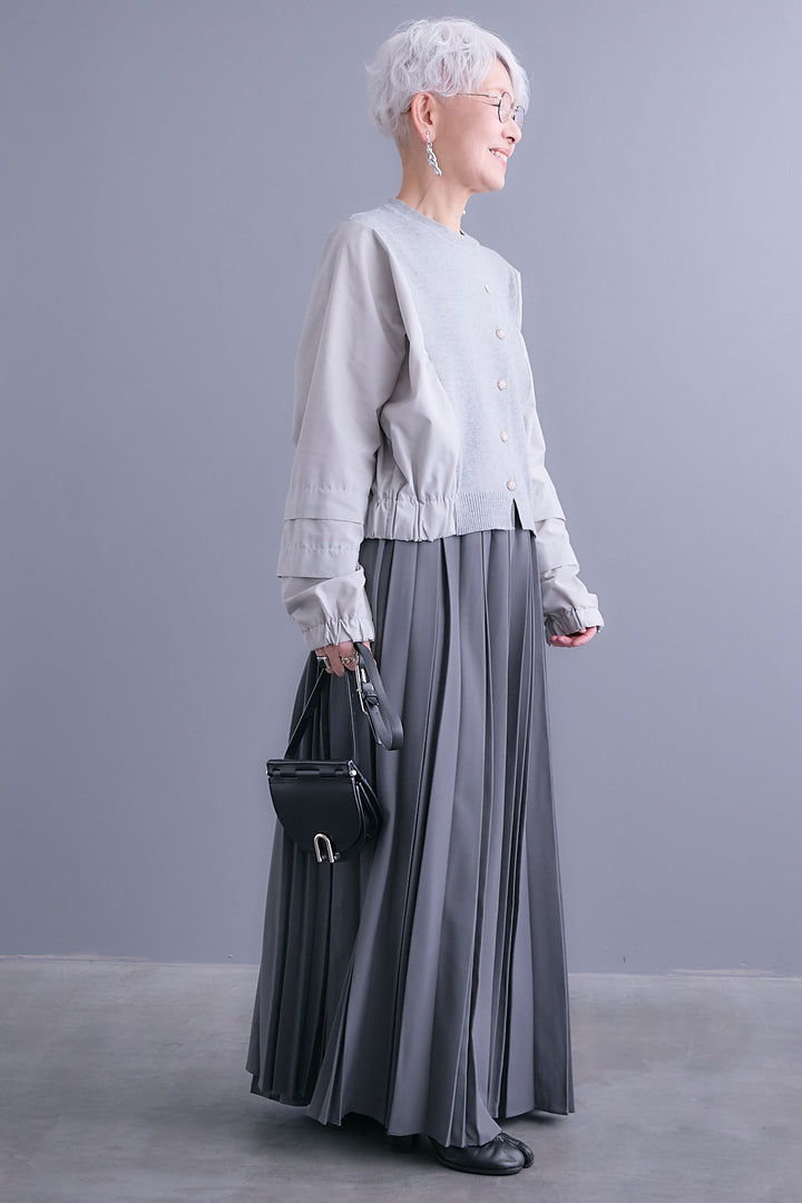 【SET】タックスリーブシャツニットコンビプルオーバー+ダブルプリーツロングスカート(2set)