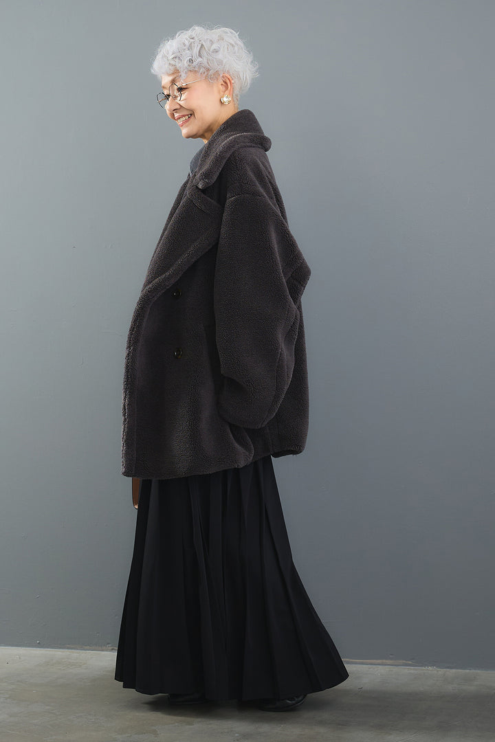 【SET】ヴィンテージアシンメトリーデニムシャツ+テディボアミディコート+デニムドッキングプリーツスカート(3set)