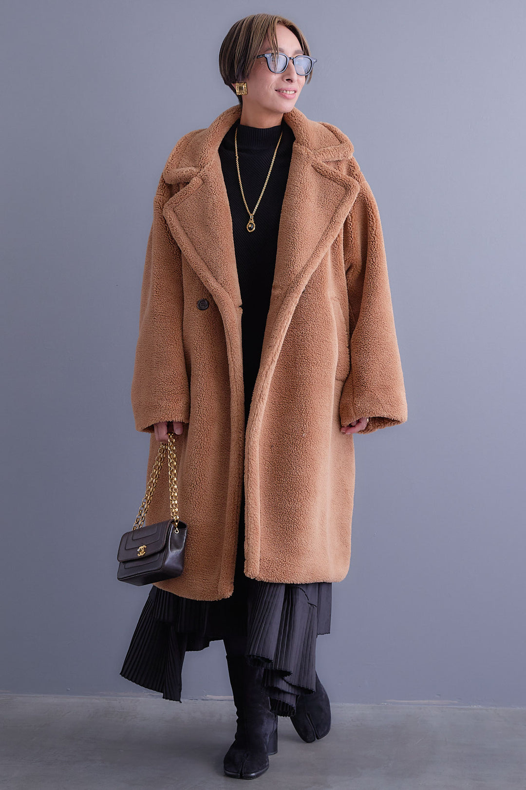 【SET】アシンメトリーオーバーニット+テディボアロングコート+アシンメトリープリーツスカート(3set)