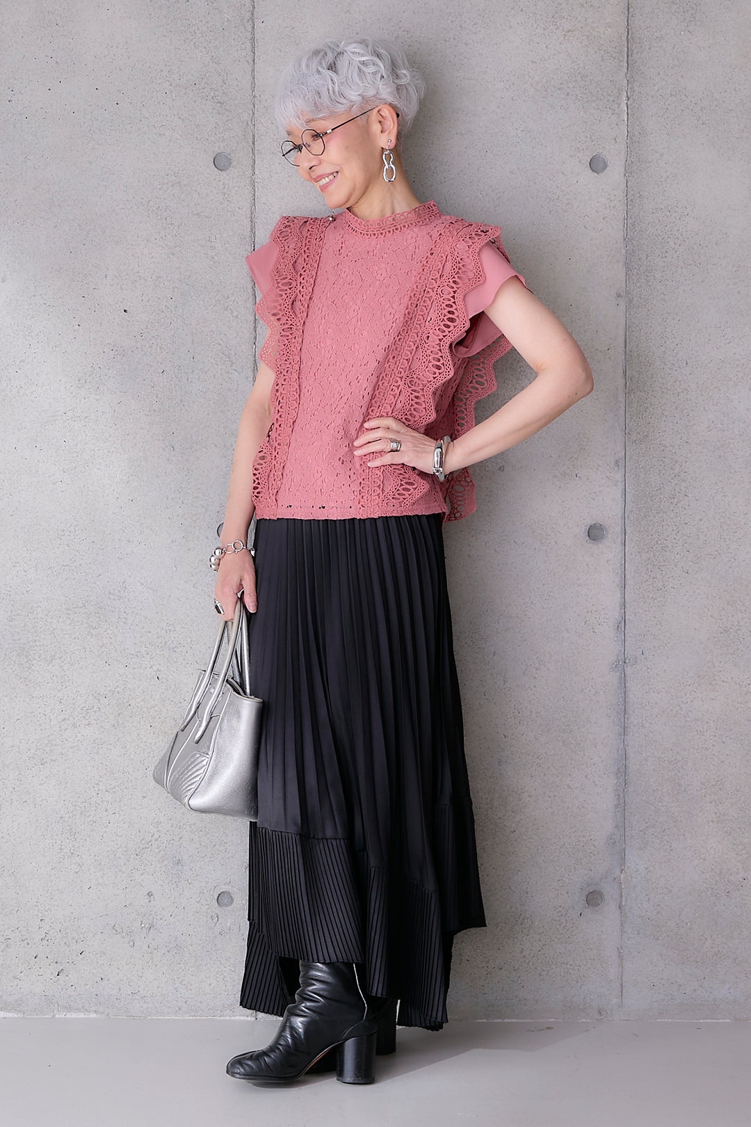 【SET】接触冷感スタンドカラーフレンチスリーブレースブラウス+アシンメトリープリーツスカート(2set)