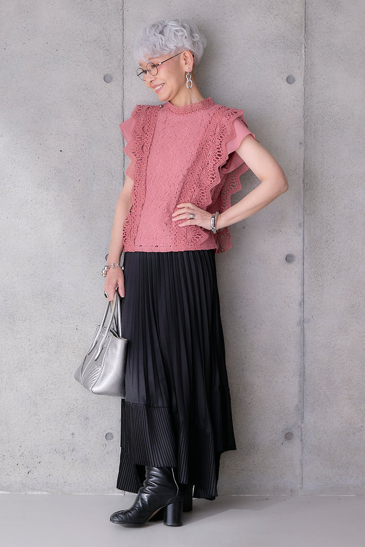 【SET】接触冷感スタンドカラーフレンチスリーブレースブラウス+アシンメトリープリーツスカート(2set)