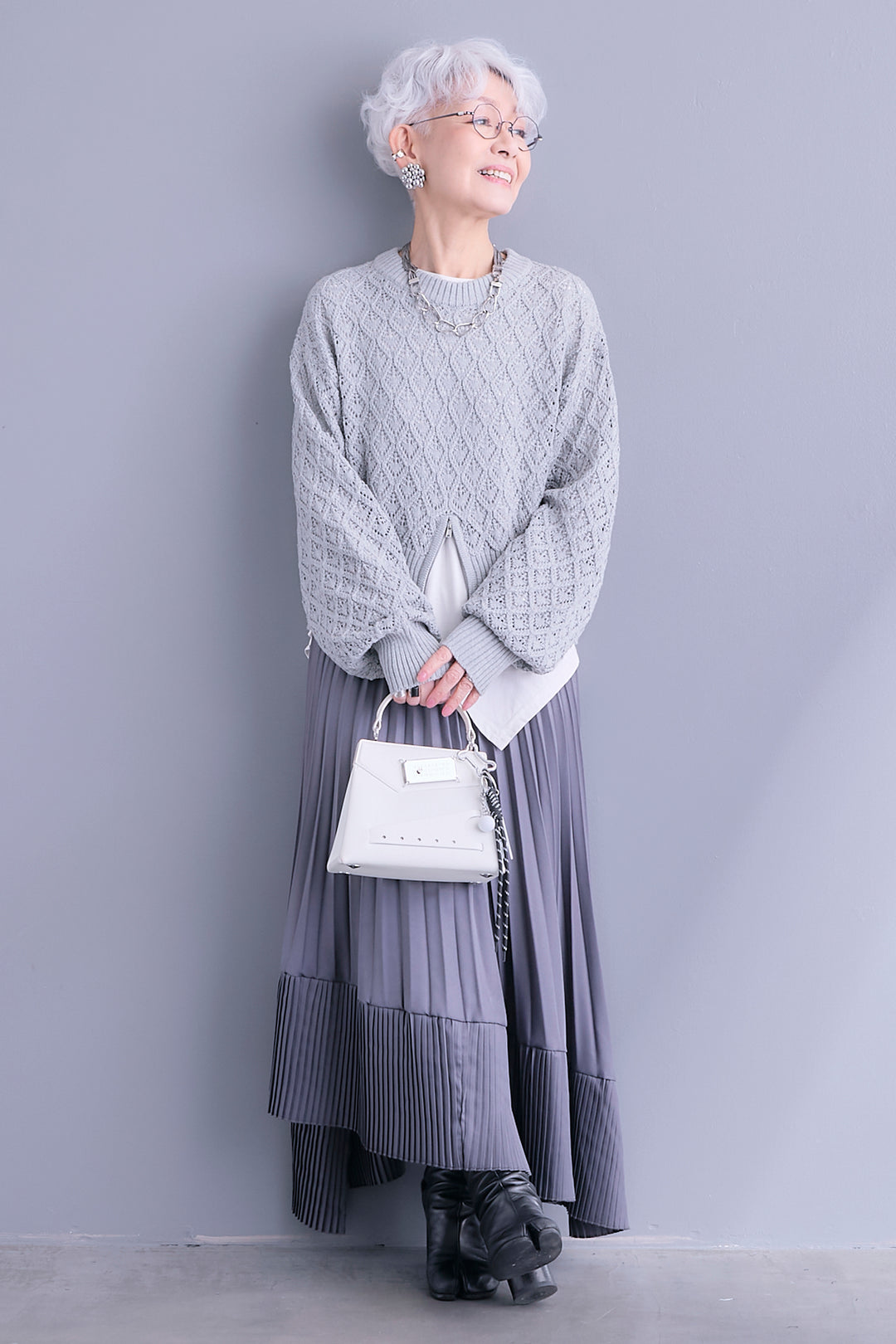 【SET】透かし編みフロントZIPニット+アシンメトリーロンT+アシンメトリープリーツスカート(3set)