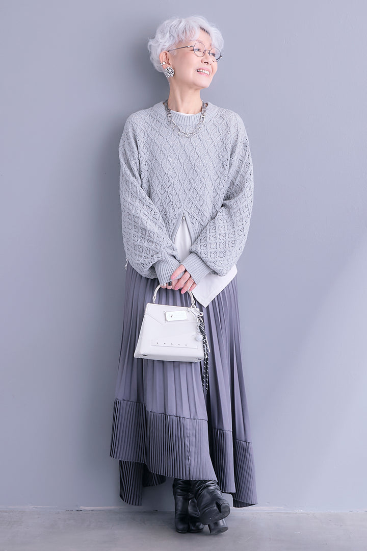 【SET】透かし編みフロントZIPニット+アシンメトリーロンT+アシンメトリープリーツスカート(3set)