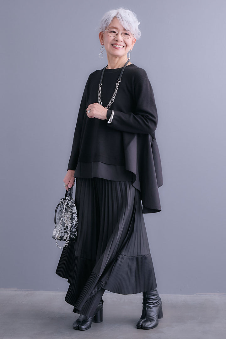 【SET】アシンメトリードレープレイヤードニット+アシンメトリープリーツスカート(2set)