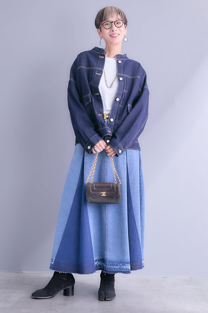 【SET】ノーカラーオーバーサイズデニムジャケット+プリーツタックデニムスカート(2set)