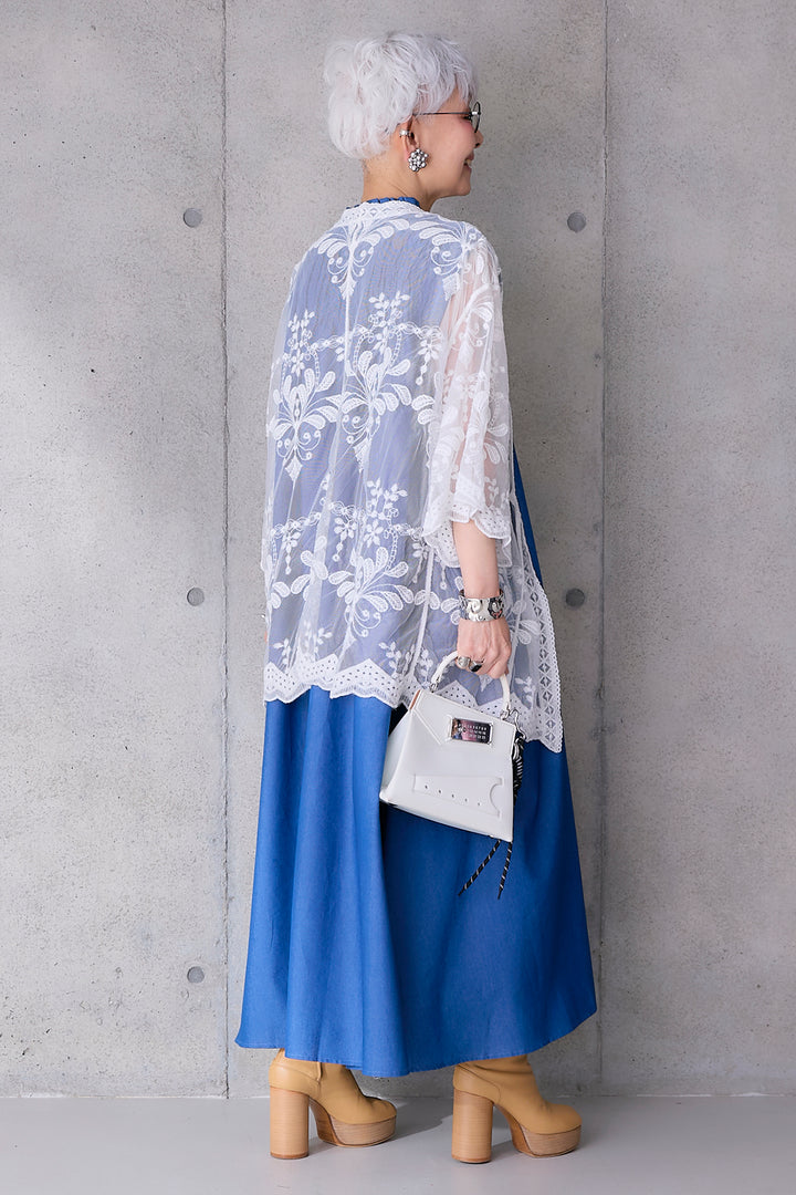 【予約】ソフトデニムシャーリングスタンドネックワンピース