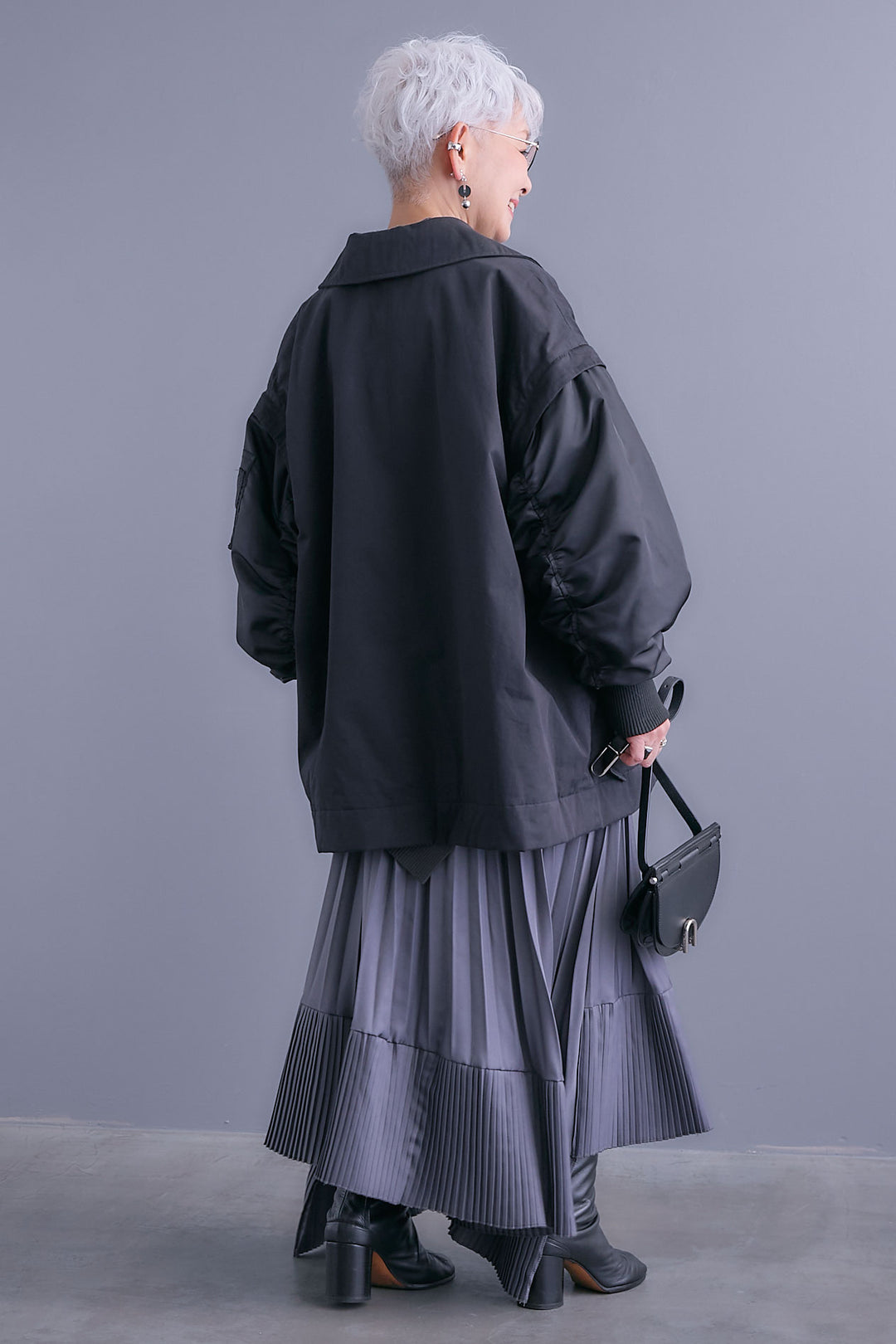 【SET】アシンメトリーオーバーニット+シャーリングMA-1オーバートレンチ【2WAY】+アシンメトリープリーツスカート(3set)