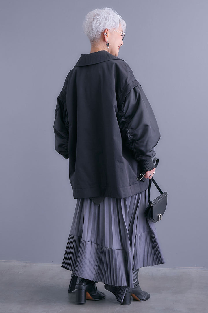 【SET】アシンメトリーオーバーニット+シャーリングMA-1オーバートレンチ【2WAY】+アシンメトリープリーツスカート(3set)