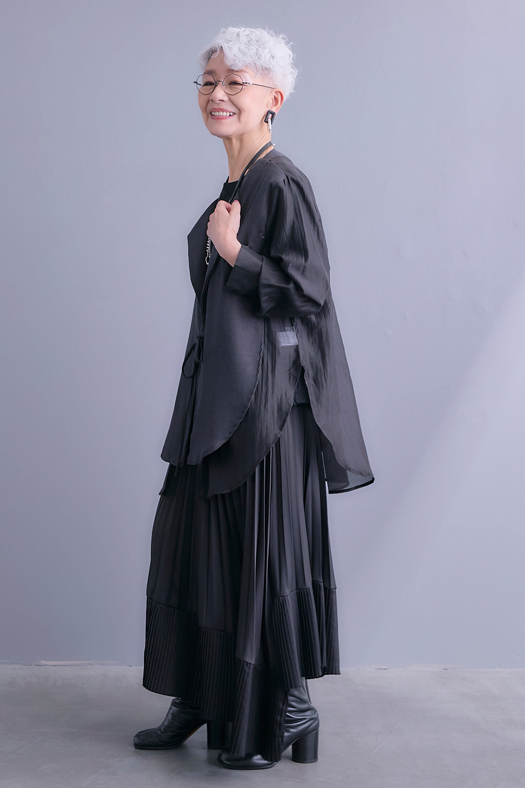 【SET】シアーシャツドッキングジャケット+アシンメトリーロンT+アシンメトリープリーツスカート(3set)