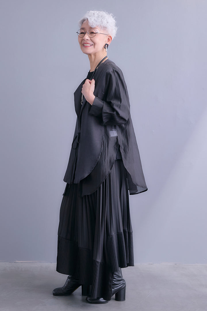 【SET】シアーシャツドッキングジャケット+アシンメトリーロンT+アシンメトリープリーツスカート(3set)