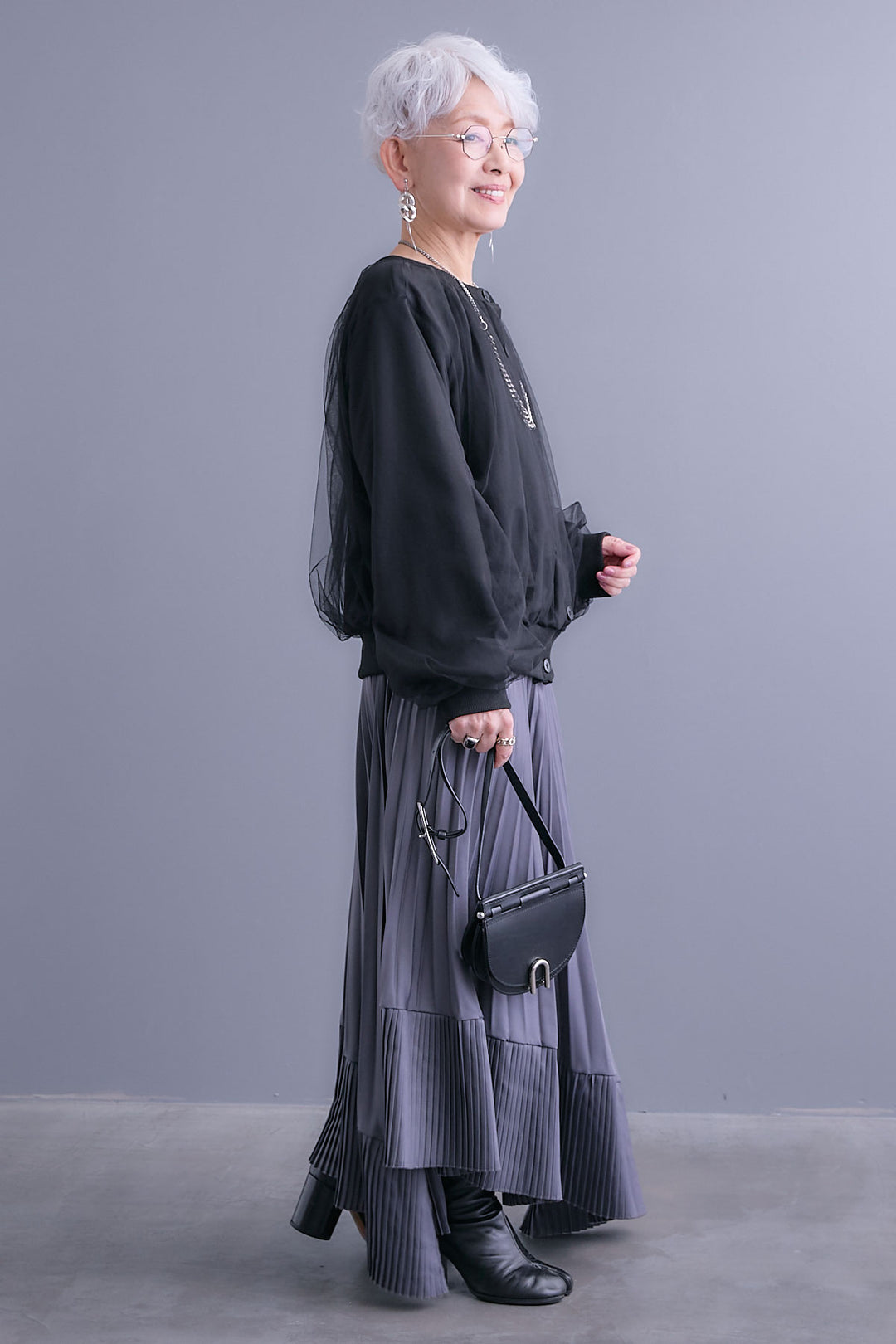 【SET】ノーカラーチュールレイヤードカーディガン+アシンメトリープリーツスカート(2set)