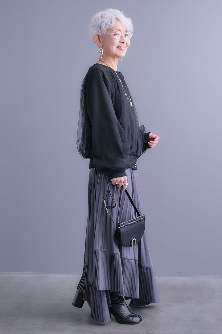 【SET】ノーカラーチュールレイヤードカーディガン+アシンメトリープリーツスカート(2set)