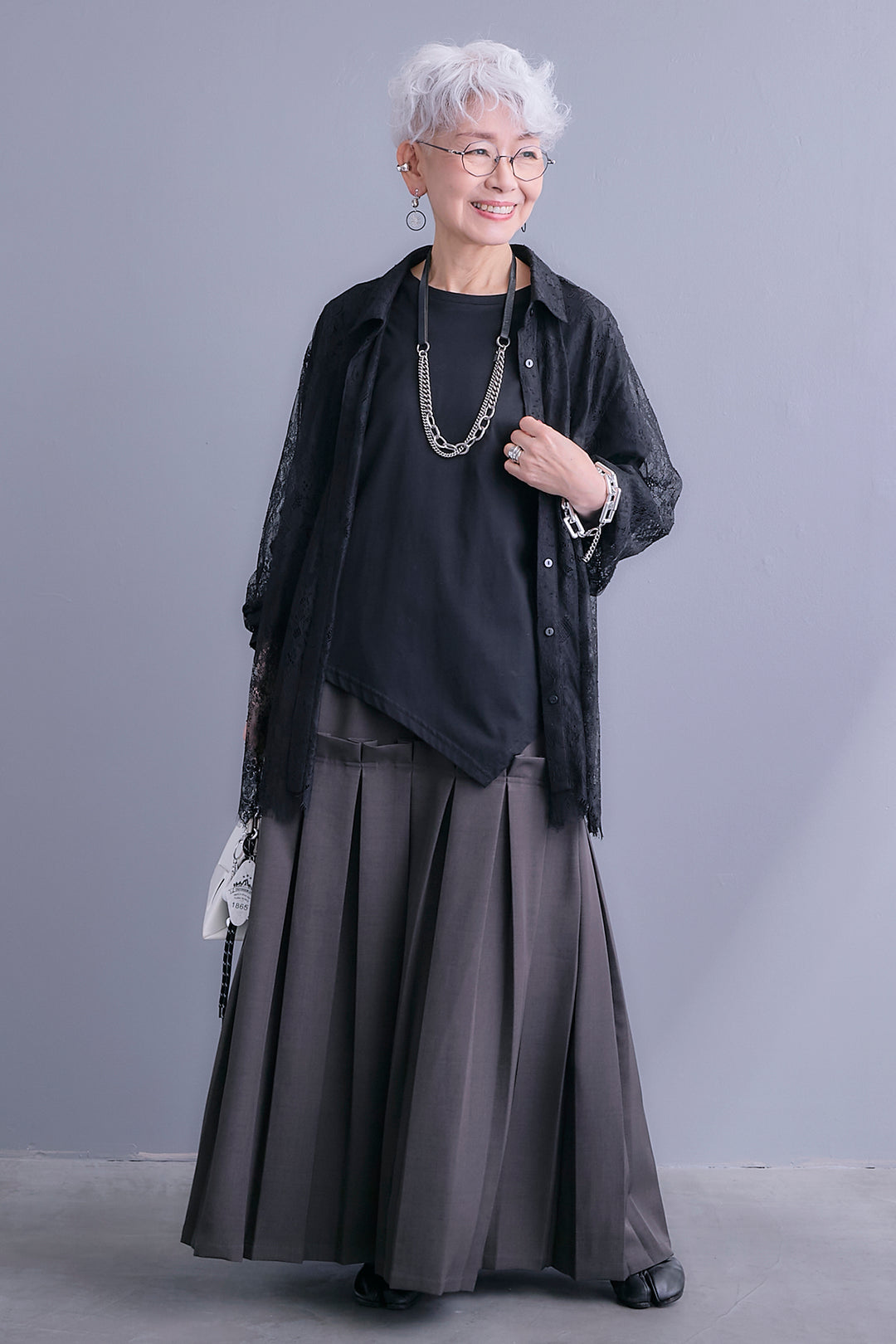 【SET】アイラッシュレースボリュームスリーブシャツ+アシンメトリーロンT+ボックスプリーツロングスカート(3set)