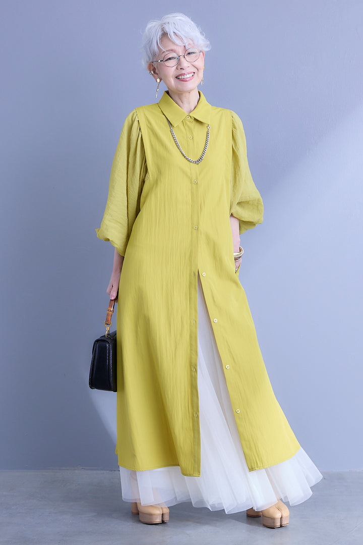 【SET】バルーンスリーブシャツワンピース+ボリュームチュールフレアスカート(2set)