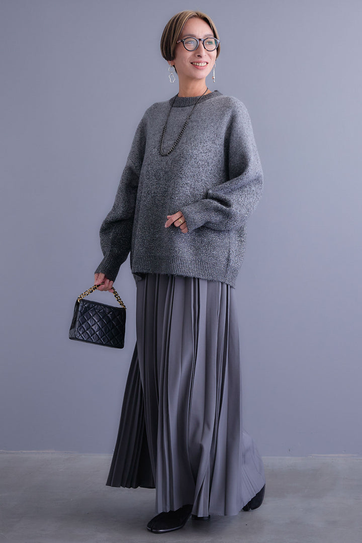 【SET】グラデーションラメクルーネックニット+ダブルプリーツロングスカート(2set)