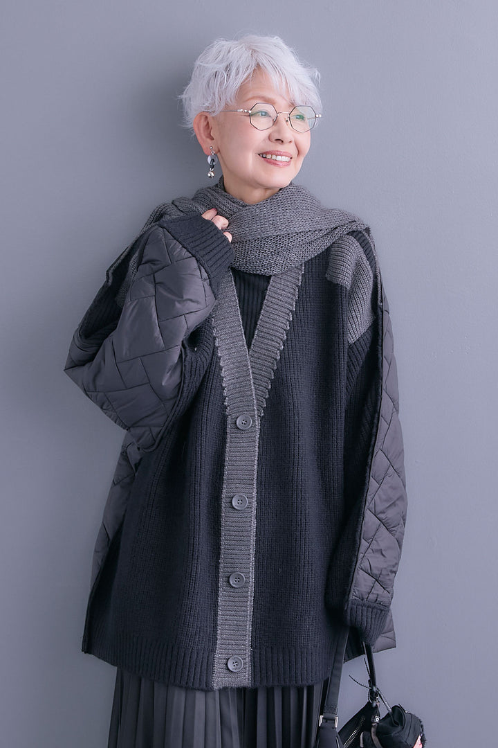 【SET】バックキルティングローゲージニットカーディガン【ストール付き】+アシンメトリープリーツスカート(2set)